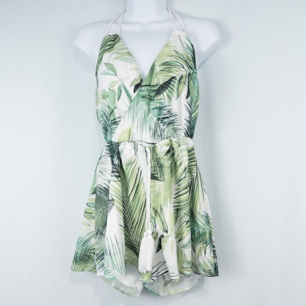 Luxxel Rope Halter Surplice Tropical Romper Womens‎ Small Green Beach Resortwear